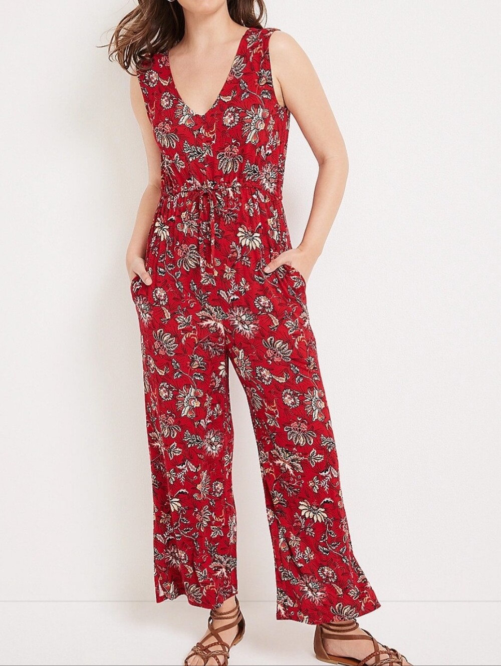 Maurices Red Floral Leaves Sleeveless Crop Vneck Jumpsuit Small